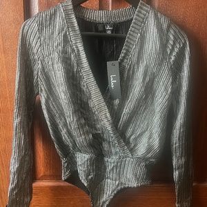Lulu’s Silver Metallic Long Sleeve Thong bodysuit XS NWT
